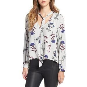 ASTR the Label Blue Floral Print Tie Neck Blouse Top Size XS